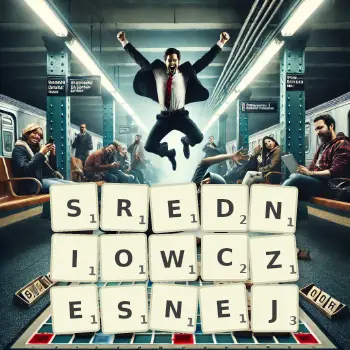 Kreatywna ilustracja do gry w Scrabble ze słowem SREDNIOWCZESNEJ ułożonym z płytek na planszy.