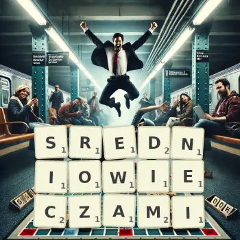 Kreatywna ilustracja do gry w Scrabble ze słowem SREDNIOWIECZAMI ułożonym z płytek na planszy.