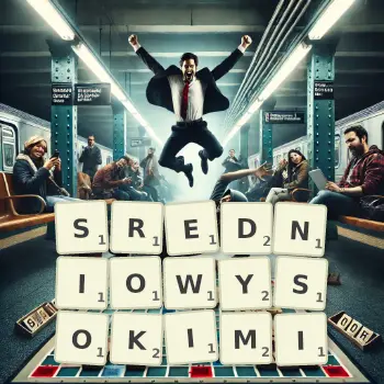 Kreatywna ilustracja do gry w Scrabble ze słowem SREDNIOWYSOKIMI ułożonym z płytek na planszy.