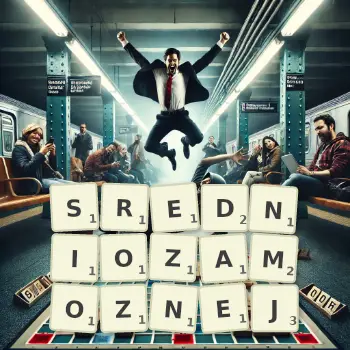 Kreatywna ilustracja do gry w Scrabble ze słowem SREDNIOZAMOZNEJ ułożonym z płytek na planszy.
