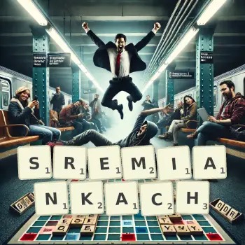 Kreatywna ilustracja do gry w Scrabble ze słowem SREMIANKACH ułożonym z płytek na planszy.