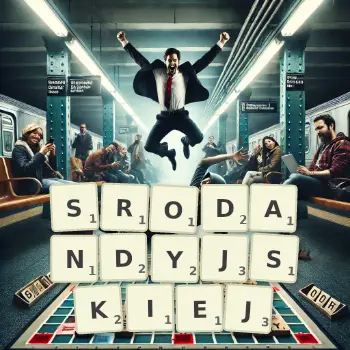 Kreatywna ilustracja do gry w Scrabble ze słowem SRODANDYJSKIEJ ułożonym z płytek na planszy.