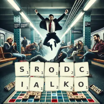 Kreatywna ilustracja do gry w Scrabble ze słowem SRODCIALKO ułożonym z płytek na planszy.