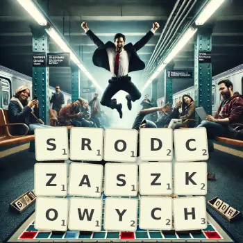Kreatywna ilustracja do gry w Scrabble ze słowem SRODCZASZKOWYCH ułożonym z płytek na planszy.