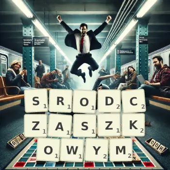 Kreatywna ilustracja do gry w Scrabble ze słowem SRODCZASZKOWYM ułożonym z płytek na planszy.