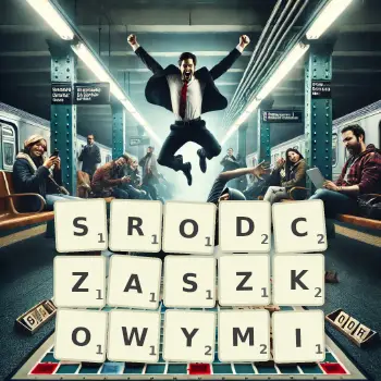 Kreatywna ilustracja do gry w Scrabble ze słowem SRODCZASZKOWYMI ułożonym z płytek na planszy.