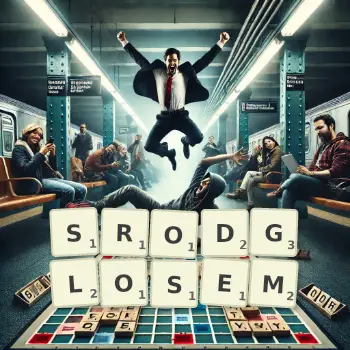 Kreatywna ilustracja do gry w Scrabble ze słowem SRODGLOSEM ułożonym z płytek na planszy.