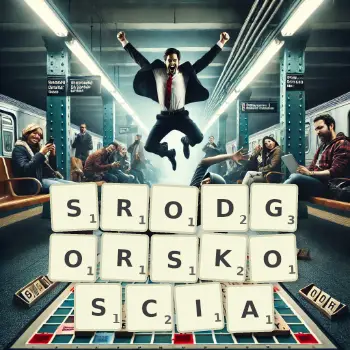 Kreatywna ilustracja do gry w Scrabble ze słowem SRODGORSKOSCIA ułożonym z płytek na planszy.