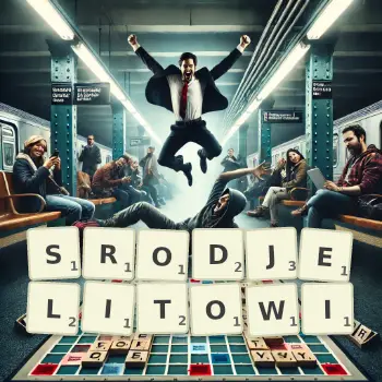 Kreatywna ilustracja do gry w Scrabble ze słowem SRODJELITOWI ułożonym z płytek na planszy.