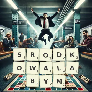 Kreatywna ilustracja do gry w Scrabble ze słowem SRODKOWALABYM ułożonym z płytek na planszy.