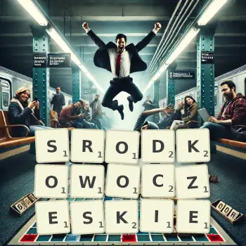 Kreatywna ilustracja do gry w Scrabble ze słowem SRODKOWOCZESKIE ułożonym z płytek na planszy.