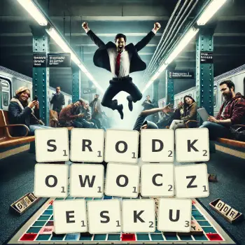 Kreatywna ilustracja do gry w Scrabble ze słowem SRODKOWOCZESKU ułożonym z płytek na planszy.