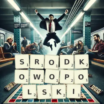 Kreatywna ilustracja do gry w Scrabble ze słowem SRODKOWOPOLSKI ułożonym z płytek na planszy.