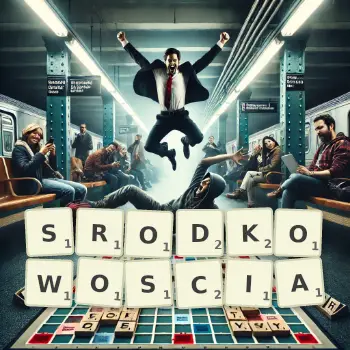 Kreatywna ilustracja do gry w Scrabble ze słowem SRODKOWOSCIA ułożonym z płytek na planszy.