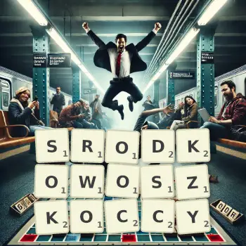 Kreatywna ilustracja do gry w Scrabble ze słowem SRODKOWOSZKOCCY ułożonym z płytek na planszy.