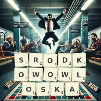 Kreatywna ilustracja do gry w Scrabble ze słowem SRODKOWOWLOSKA ułożonym z płytek na planszy.