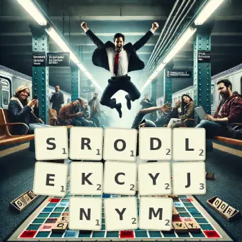 Kreatywna ilustracja do gry w Scrabble ze słowem SRODLEKCYJNYM ułożonym z płytek na planszy.