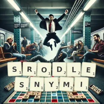 Kreatywna ilustracja do gry w Scrabble ze słowem SRODLESNYMI ułożonym z płytek na planszy.