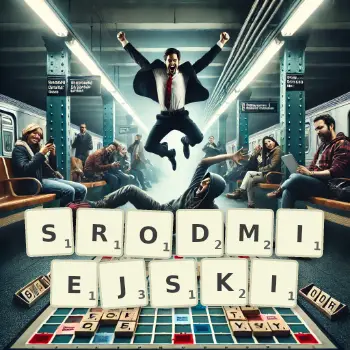 Kreatywna ilustracja do gry w Scrabble ze słowem SRODMIEJSKI ułożonym z płytek na planszy.