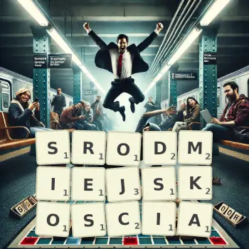 Kreatywna ilustracja do gry w Scrabble ze słowem SRODMIEJSKOSCIA ułożonym z płytek na planszy.