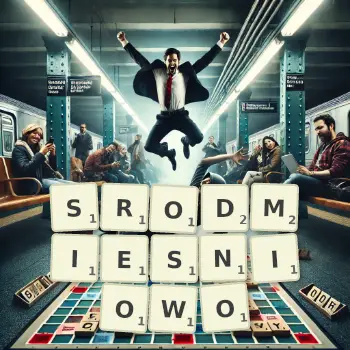 Kreatywna ilustracja do gry w Scrabble ze słowem SRODMIESNIOWO ułożonym z płytek na planszy.