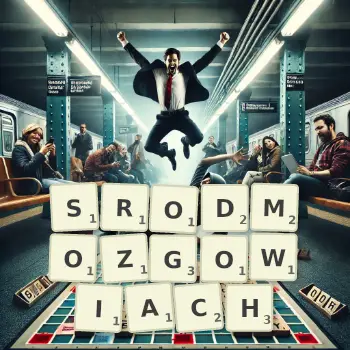 Kreatywna ilustracja do gry w Scrabble ze słowem SRODMOZGOWIACH ułożonym z płytek na planszy.