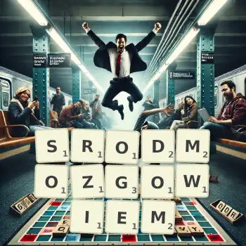 Kreatywna ilustracja do gry w Scrabble ze słowem SRODMOZGOWIEM ułożonym z płytek na planszy.