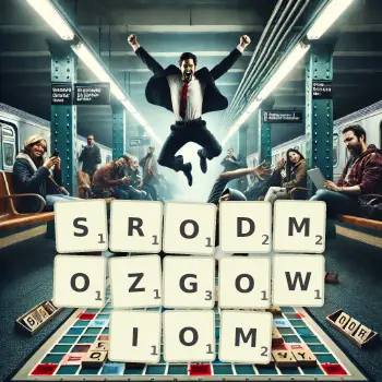 Kreatywna ilustracja do gry w Scrabble ze słowem SRODMOZGOWIOM ułożonym z płytek na planszy.