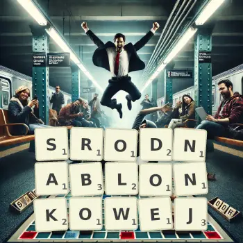Kreatywna ilustracja do gry w Scrabble ze słowem SRODNABLONKOWEJ ułożonym z płytek na planszy.