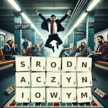 Kreatywna ilustracja do gry w Scrabble ze słowem SRODNACZYNIOWYM ułożonym z płytek na planszy.
