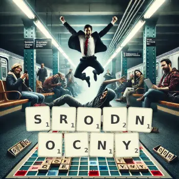 Kreatywna ilustracja do gry w Scrabble ze słowem SRODNOCNY ułożonym z płytek na planszy.