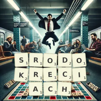 Kreatywna ilustracja do gry w Scrabble ze słowem SRODOKRECIACH ułożonym z płytek na planszy.