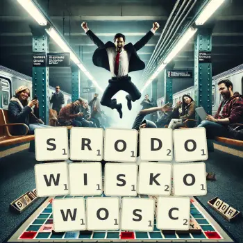 Kreatywna ilustracja do gry w Scrabble ze słowem SRODOWISKOWOSC ułożonym z płytek na planszy.