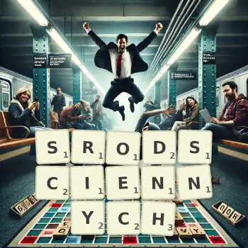 Kreatywna ilustracja do gry w Scrabble ze słowem SRODSCIENNYCH ułożonym z płytek na planszy.