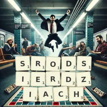 Kreatywna ilustracja do gry w Scrabble ze słowem SRODSIERDZIACH ułożonym z płytek na planszy.