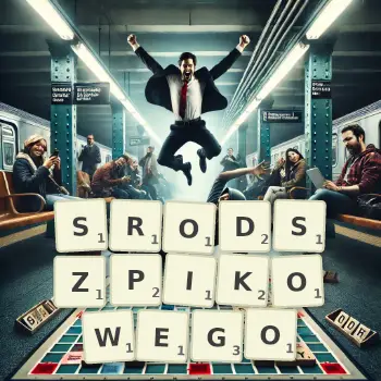 Kreatywna ilustracja do gry w Scrabble ze słowem SRODSZPIKOWEGO ułożonym z płytek na planszy.