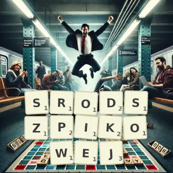 Kreatywna ilustracja do gry w Scrabble ze słowem SRODSZPIKOWEJ ułożonym z płytek na planszy.