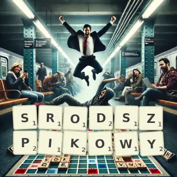 Kreatywna ilustracja do gry w Scrabble ze słowem SRODSZPIKOWY ułożonym z płytek na planszy.