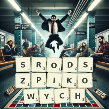 Kreatywna ilustracja do gry w Scrabble ze słowem SRODSZPIKOWYCH ułożonym z płytek na planszy.