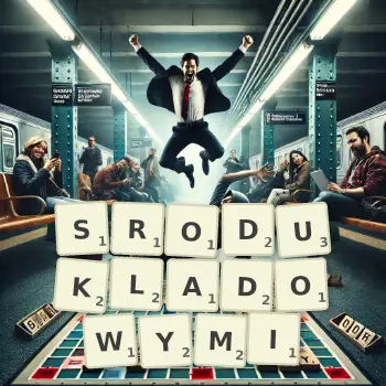 Kreatywna ilustracja do gry w Scrabble ze słowem SRODUKLADOWYMI ułożonym z płytek na planszy.