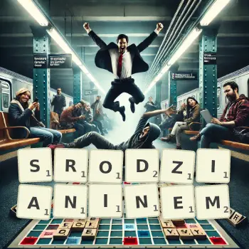 Kreatywna ilustracja do gry w Scrabble ze słowem SRODZIANINEM ułożonym z płytek na planszy.