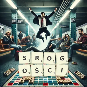 Kreatywna ilustracja do gry w Scrabble ze słowem SROGOŚCI ułożonym z płytek na planszy.