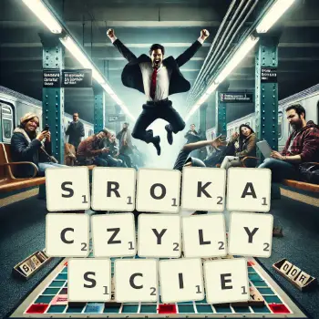 Kreatywna ilustracja do gry w Scrabble ze słowem SROKACZYLYSCIE ułożonym z płytek na planszy.
