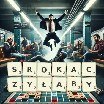 Kreatywna ilustracja do gry w Scrabble ze słowem SROKACZYŁABY ułożonym z płytek na planszy.
