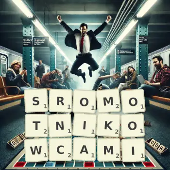Kreatywna ilustracja do gry w Scrabble ze słowem SROMOTNIKOWCAMI ułożonym z płytek na planszy.