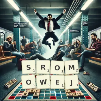 Kreatywna ilustracja do gry w Scrabble ze słowem SROMOWEJ ułożonym z płytek na planszy.