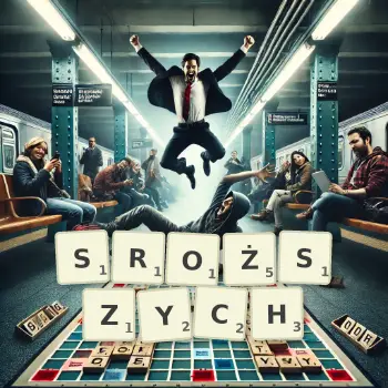 Kreatywna ilustracja do gry w Scrabble ze słowem SROŻSZYCH ułożonym z płytek na planszy.