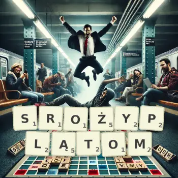 Kreatywna ilustracja do gry w Scrabble ze słowem SROŻYPLĄTOM ułożonym z płytek na planszy.