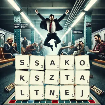 Kreatywna ilustracja do gry w Scrabble ze słowem SSAKOKSZTALTNEJ ułożonym z płytek na planszy.
