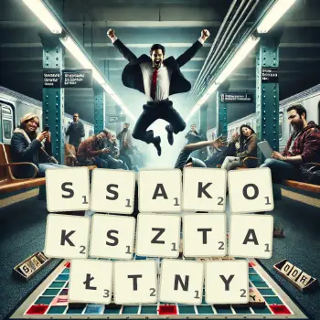 Kreatywna ilustracja do gry w Scrabble ze słowem SSAKOKSZTAŁTNY ułożonym z płytek na planszy.